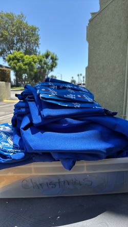 Blue table cloths & 8 ft dodger patterned table runners