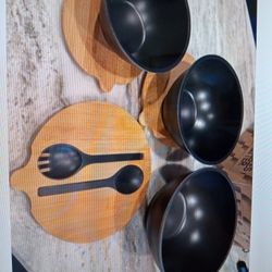 Eco friendly Bamboo Salad Bowl Set-great For Christmas In 2 Colors: BLK&Cream