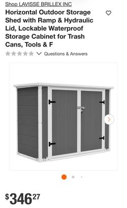 Horizontal Outdoor Storage Shed with Ramp & Hydraulic Lid, Lockable Waterproof Storage Cabinet for Trash Cans, Tools & F