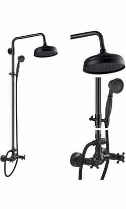 gotonovo Bathroom Exposed Shower Fixtures 8 Inch Rain Showerhead Double Cross Handles 2 Function Wall Mount Shower Faucet Set, Brass Handheld Spray, O