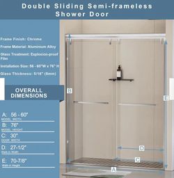 60 in. W x 76 in. H Semi-Frameless Double Sliding Shower Door with 5/16 in. Thick Tempered Clear Glass in Chrome #212 chrome  Approximate Max Installe