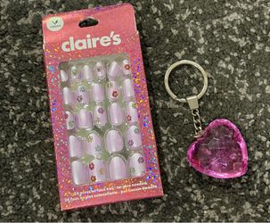 Claire’s Lavender Press on Faux Nails & Heart Keychain