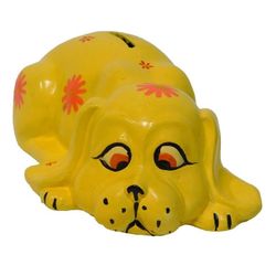 Vintage Retro EW Japan Ceramic 9" Yellow Laying Dog Puppy Bank Flower Plug 1960 $15