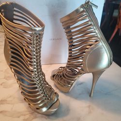 VERSACE GOLDEN LEATHER  GLADIATOR  SANDALS- LUXURY  HEELS PLATFORM Y2K HEEL SHOES
