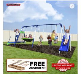 Sportspower Mountain View Metal Swing Set with Glide Ride, Saucer, Trampoline,