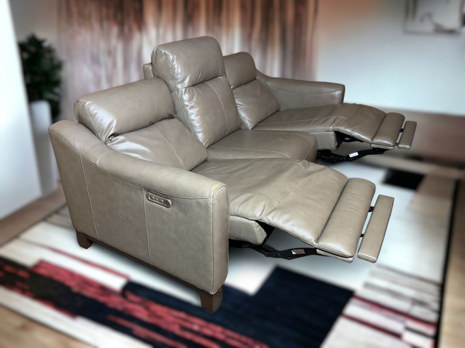 Flexsteel Forte Beige Leather Electric 3-Seat Couch w/ Power Headrests