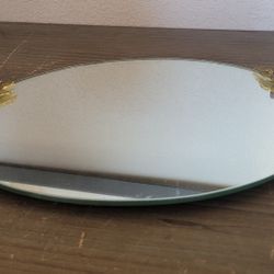 Art Nouveau Oval Mirror Vanity Tray & Perfume Bottle Embellished Enamel Flowers