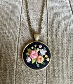 Elegant Hand Embroidered Pendant on Brass Metal Chain