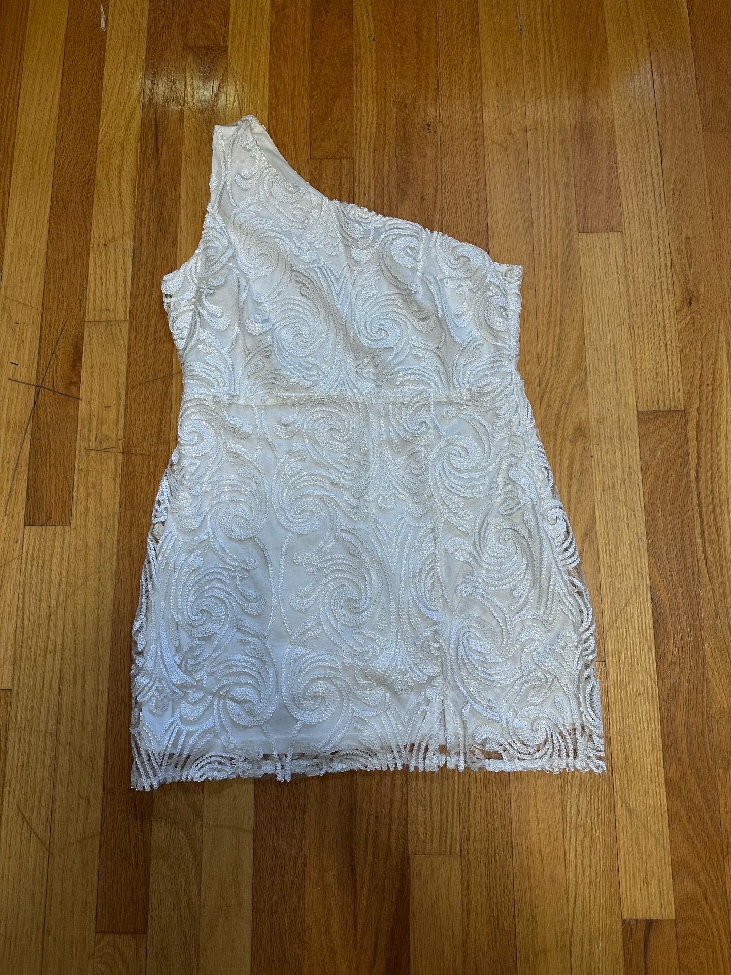 Lulu’s Ivory One-Shoulder Beaded Mini dress