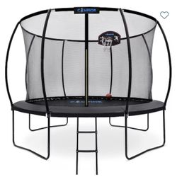12ft Pumpkin Trampoline with Luxury Ladder, Basketball Hoop, Inner Enclosure, Family-Friendly Fun
