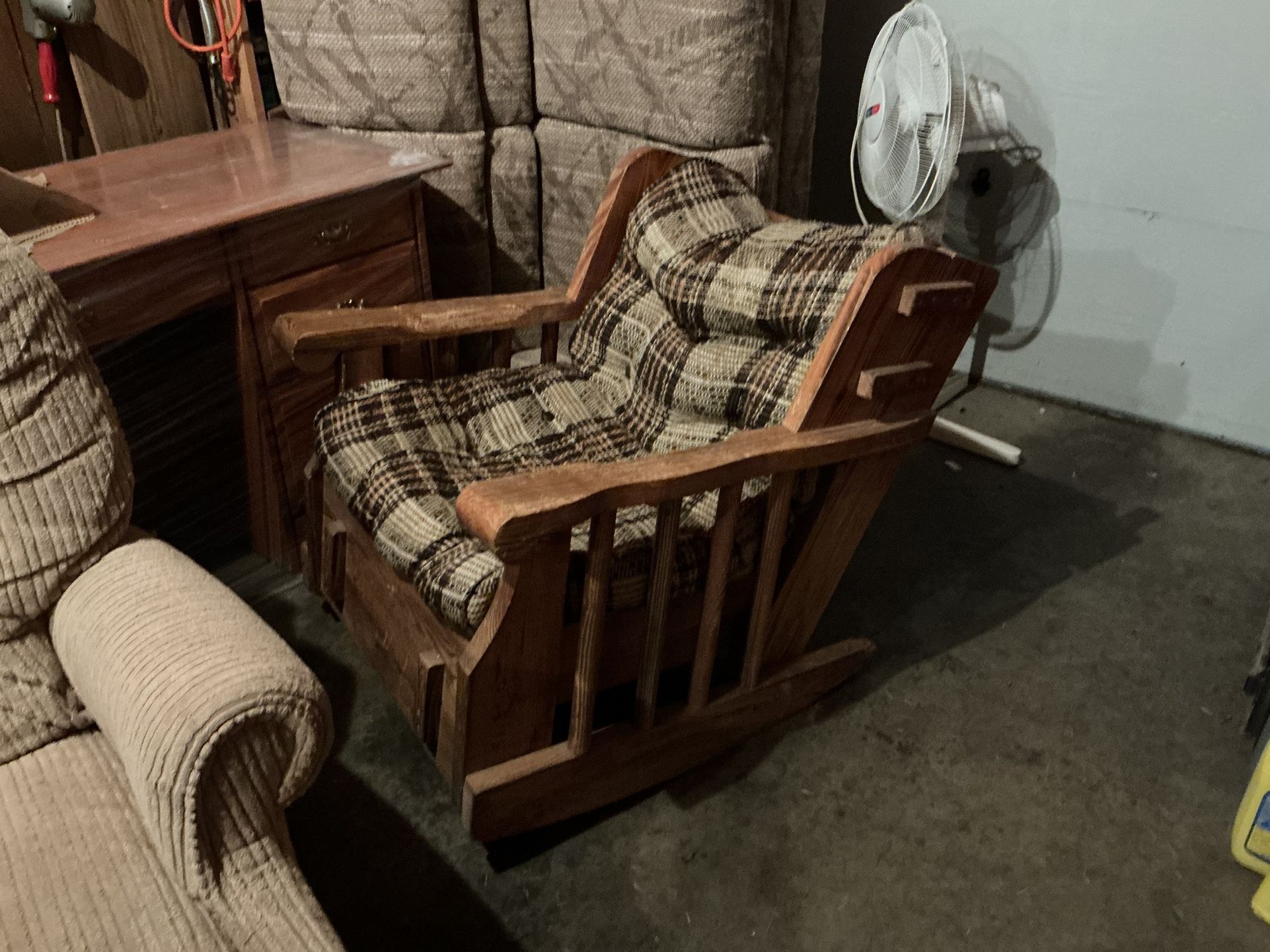 Chair - Vintage Chunky Wood Rocking Chair With Cushion to Use Outdoors, Porch, Indoors, Etc.