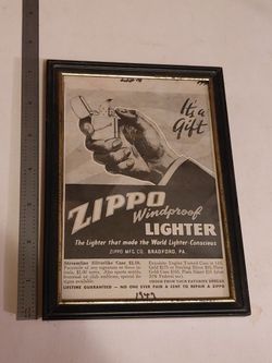 Vintage Framed 1947 Zippo Advertisement