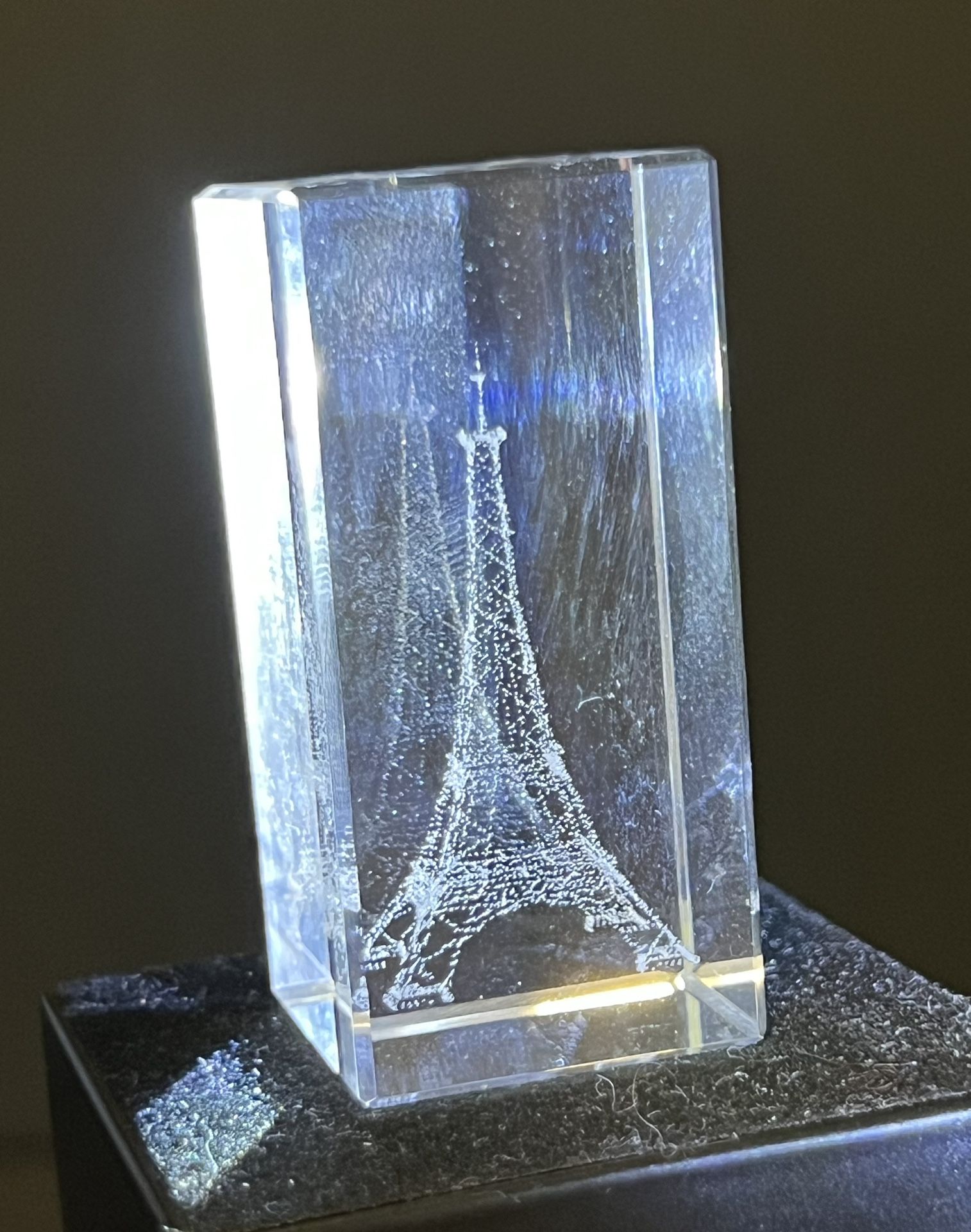 HomeArt California 1990s Laser-Etched Crystal Eiffel Tower Block Paperweight, 2”