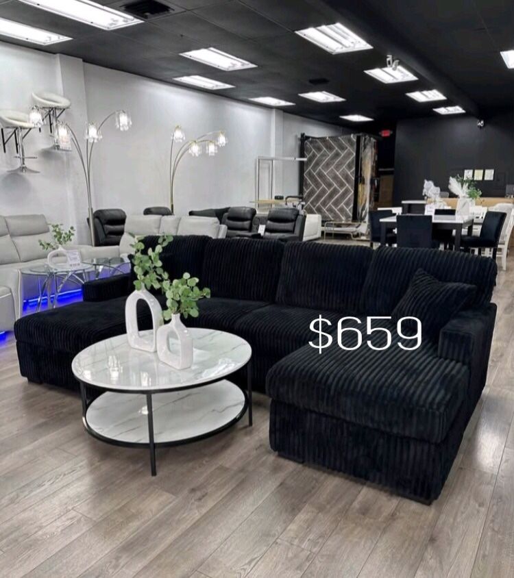 Stylish Black Sectional Sofa W Pull- Out Bed & Double Chaise With Storage