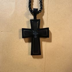 Black Stainless Cross Necklace With Enhanced Blue Diamonds