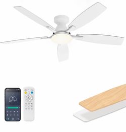 52 Inch Ceiling Fans with Lights, Remote & App Control, Quiet Reversible DC Motor, 6 Speeds, Dimmable 3CCT LED Light, Low Profile Flush Mount Ceiling 