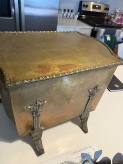 Antique Victorian Brass Coal Scuttle Fireplace Box Ornate Feet Ring Handles 1900