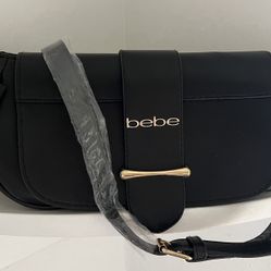 BEBE BLACK VEGAN LEATHER BAG, BRAND NEW W/TAGS & REMOVABLE STRAP