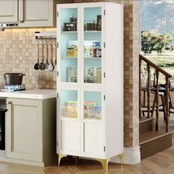 Tall White Engineered Wood 24 in. Kitchen Pantry Cabinet with Adjustable Shelves, Glass Doors and Led Lights