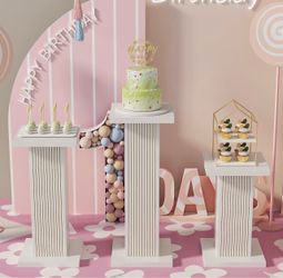 Pedestal Stands for Party with Fluted Panel 3Pcs White Square Pedestal Display Plinth Pillars for Parties Wood Cake Stand Dessert Table