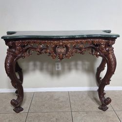 Stunning Vintage Rococo Marble Top Console Table – Solid Wood & Verde Green
