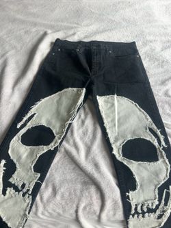 Deadfrens black white skull patchwork embroidered knitted custom 1/1 denim jeans size 32