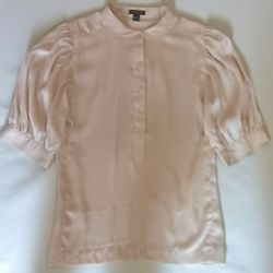 Ann Taylor Satin Blouse, Puffed Shoulder On Short Sleeves, tan,
