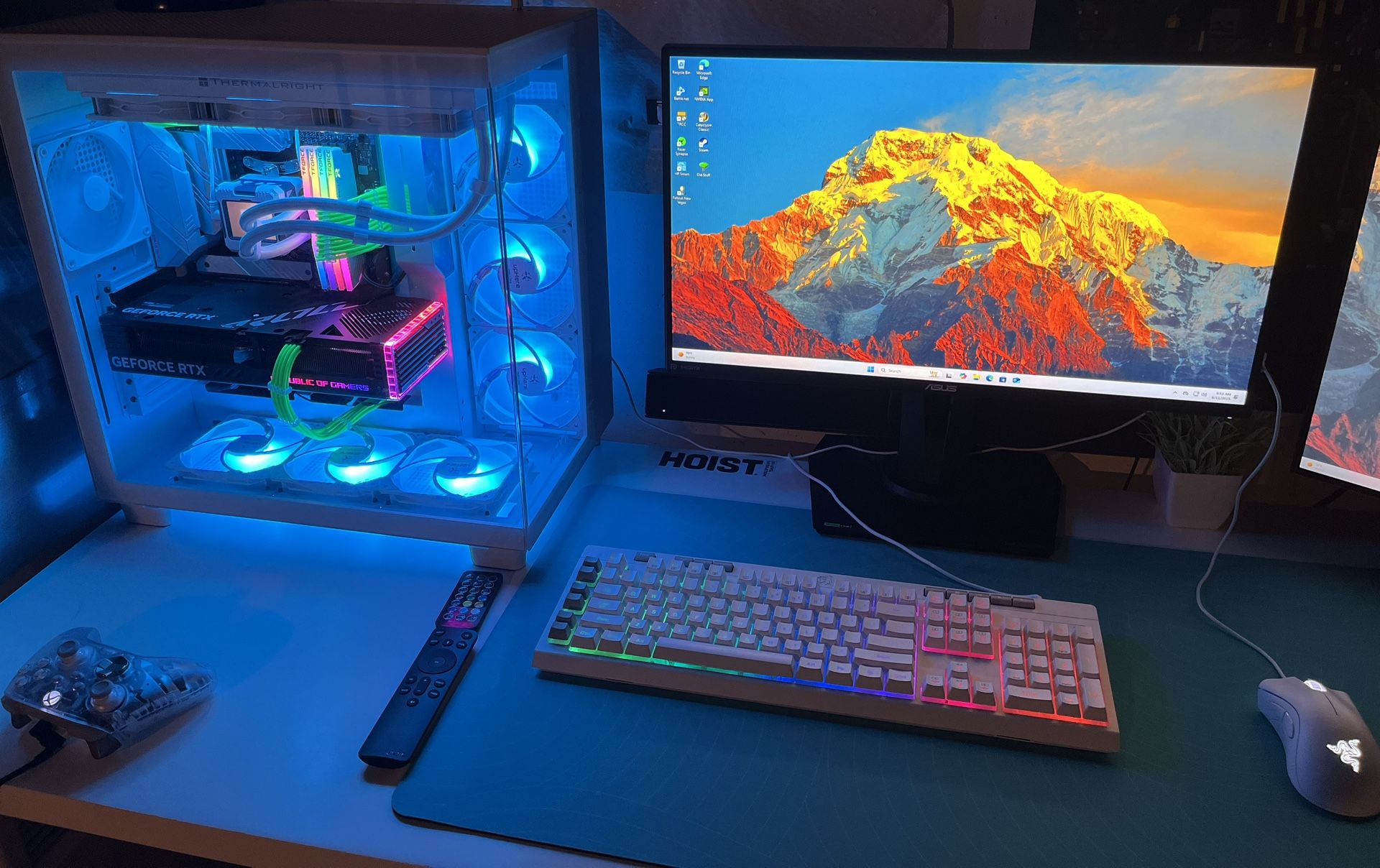 Whole Pc Setup Including 2 Monitors, Keyboard, Mouse, And Desk