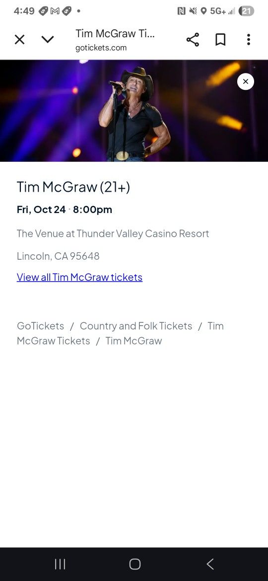 Tim McGraw 2 Tickets For Tonight's Show