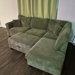 Cozy Green Sectional w/ Storage Ottoman + Built-In Charger