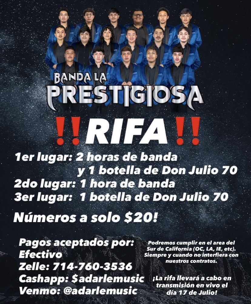 BOLETOS DE RIFA EN VENTA – GANA UNA BANDA EN VIVO Y DON JULIO 70!