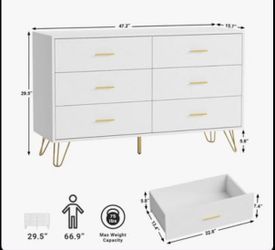 Modern White 6-Drawer Dresser with Gold Accents