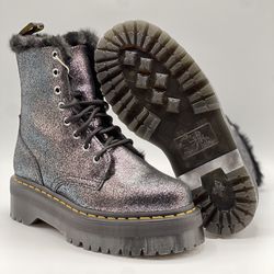 Dr. Doc Martens Jadon FL Platform Women Size 7 Combat Boots Metallic Glitter Faux Fur