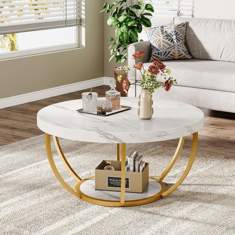 Tribesigns 32 Inches Round Coffee Table, Modern 2-Tier Center Table with Storage Open Shelves, Wooden Circle Coffee Table Sofa Side Table with Metal L