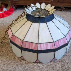 Vintage Tiffany Style Stained Glass Hanging Lamp Pink Blue White 21x13 Shade
