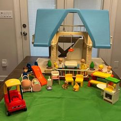 Vintage 1989 Little Tikes Large Blue Roof 2 Story Doll House w/Accessories