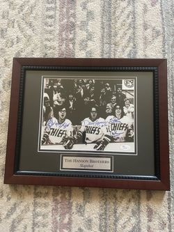 16 x 13  Autographed Picture of the Hanson Brothers and 3 Bobble heads of them