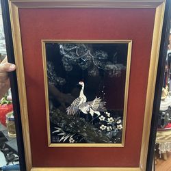 Vintage Asian Framed Crane Bird Mother Of Pearl Shell Art