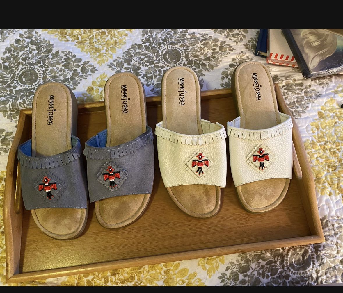 Set Of Two Pairs, MinneTonka Slip On Sandals  Size 10