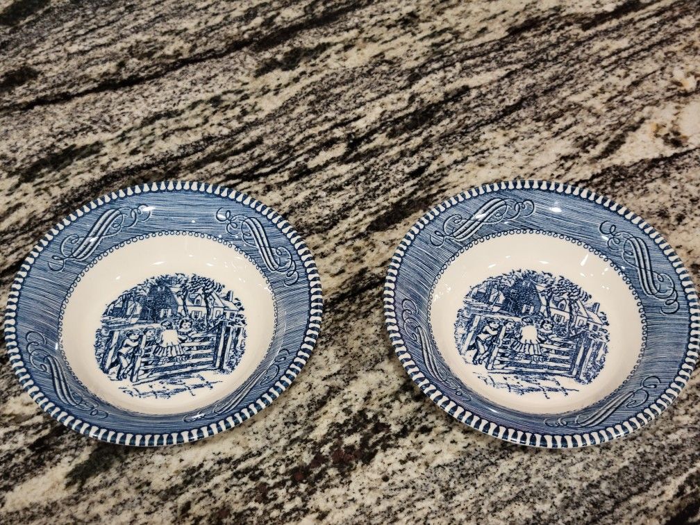 2 Currier And Ives Berry Or Dessert Bowls.  Old Farm Gate With Children By The Fence