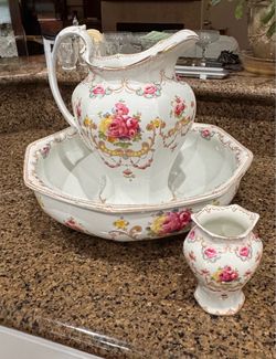 Antique 3-Pc F. Winkle Whieldon Ware Garland Wash Basin, Pitcher & Toothbrush Vase Set - England c. 1908