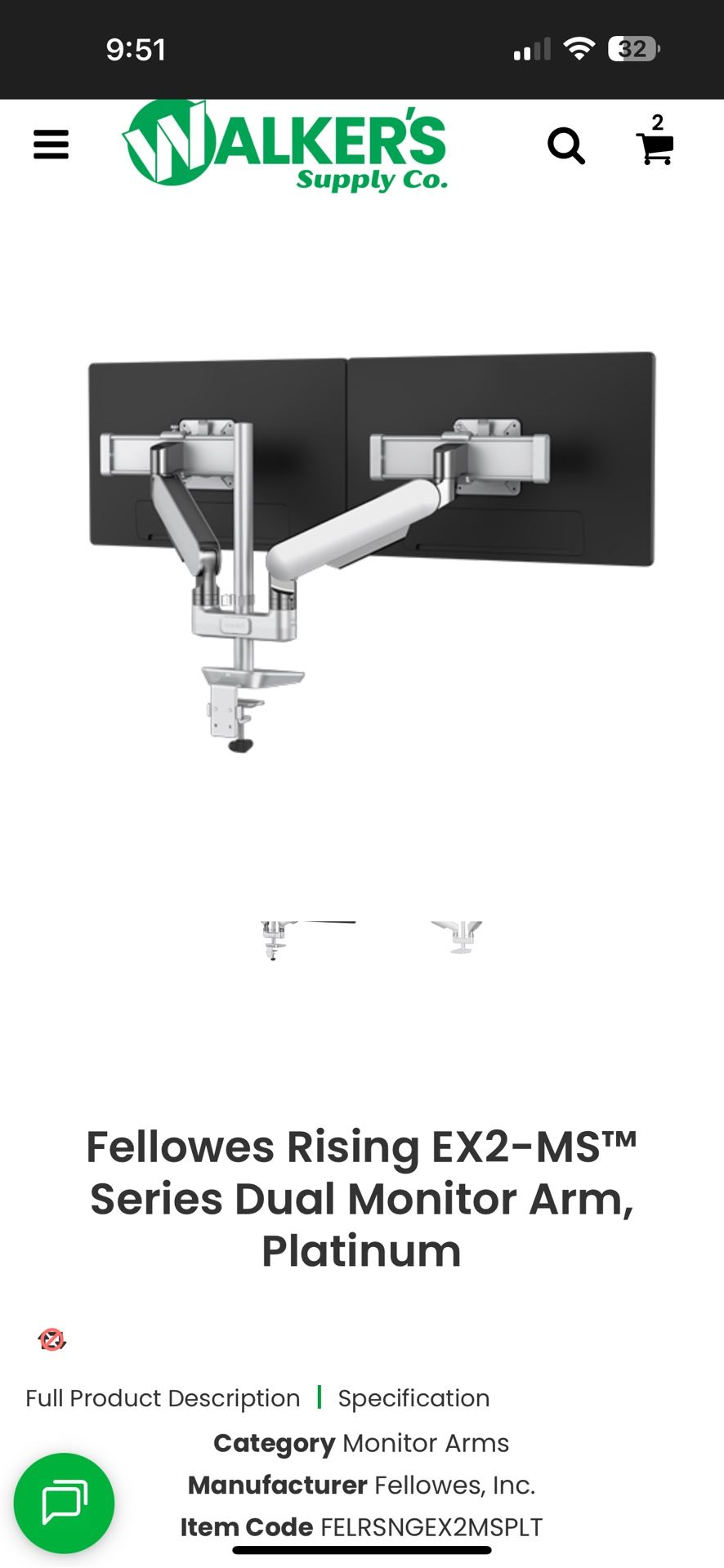 Fellowes Rising EX2-MS Series Dual Monitor Arm, Platinum Color PC