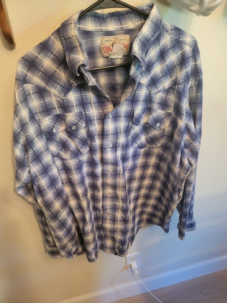 Vintage Wrangler Blue/white Plaid Snap Button Down Long Sleeve Shirt Men XL