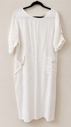 Made in Italy Linen Dress Women’s Size L White Roll Tab Sleeve Midi Dress