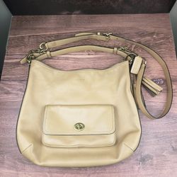 Coach Leather Shoulder And Crossbody Bag Tan/Beige Turnlock Packet Tassel