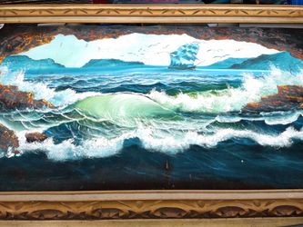 Very big Ship painting 5ft x 3.5ft nice hand carved frame