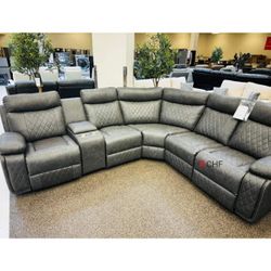 Breathable Air Leather Material Faux Leather Diamond-quilted Stitching Modular Sectional Sofa with 3 Manual Recliners and Storage Console with Stainle