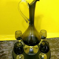Vintage Mid Century Empoli Art Glass Decanter Ewer Set Smoke Gray Pitcher Cordial Goblet 12"