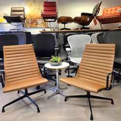 🔥NEW SHOWROOM CONDITION🔥100% AUTHENTIC EAMES HERMAN MILLER ALUMINUM GROUP LOUNGE CHAIRS TABACCO LEATHER RARE BLACK POWDER COAT FRAME/BASE QTY 27