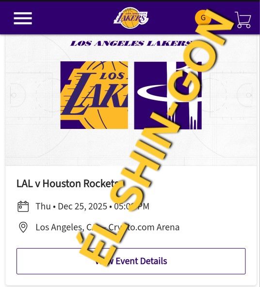 Lakers vs. Rockets 4 Tickets 12/25 Section 321 Row 6 $280 EA